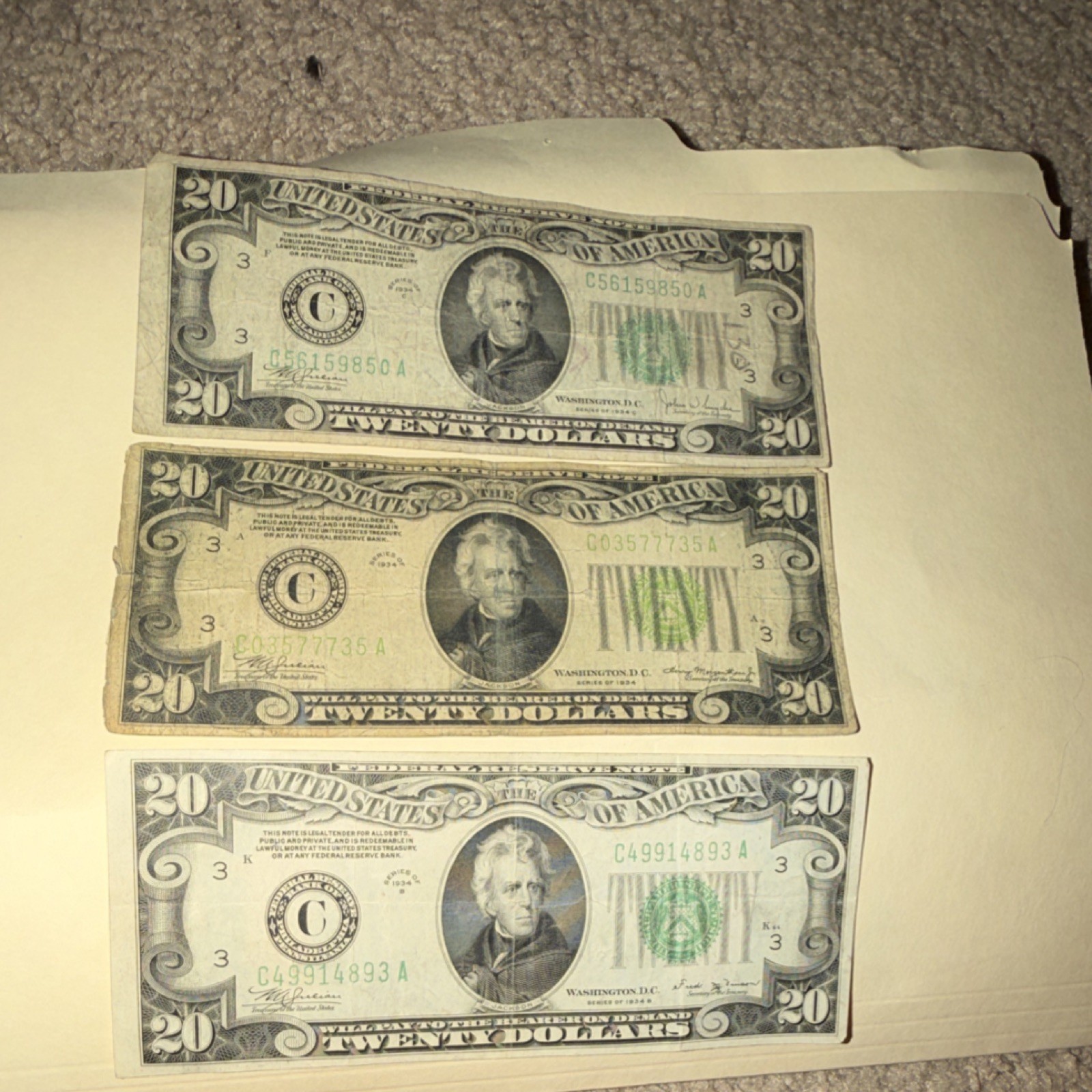 1934 $20 Federal Reserve Banknotes Lot of 3 Philadelphia Series