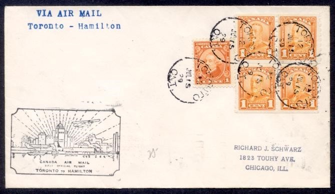 CANADA TWO 1c SCROLL PAIRS 1929 FFC TO USA