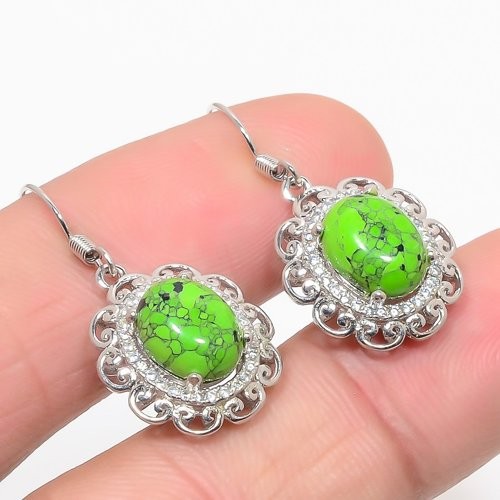Green Turquoise & CZ 925 Sterling Silver Earring 1.29" T2749
