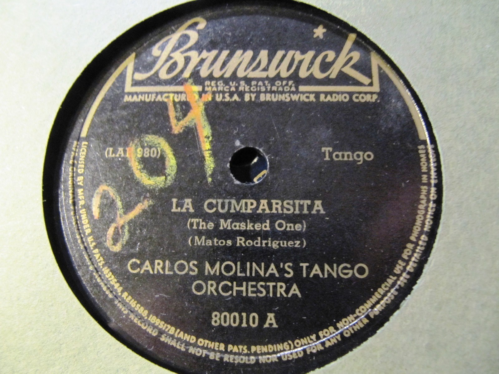 HOT TANGO 1931 Puerto Rican CARLOS MOLINA Farolito De Mi Barrio CUMPARSITA Bruns