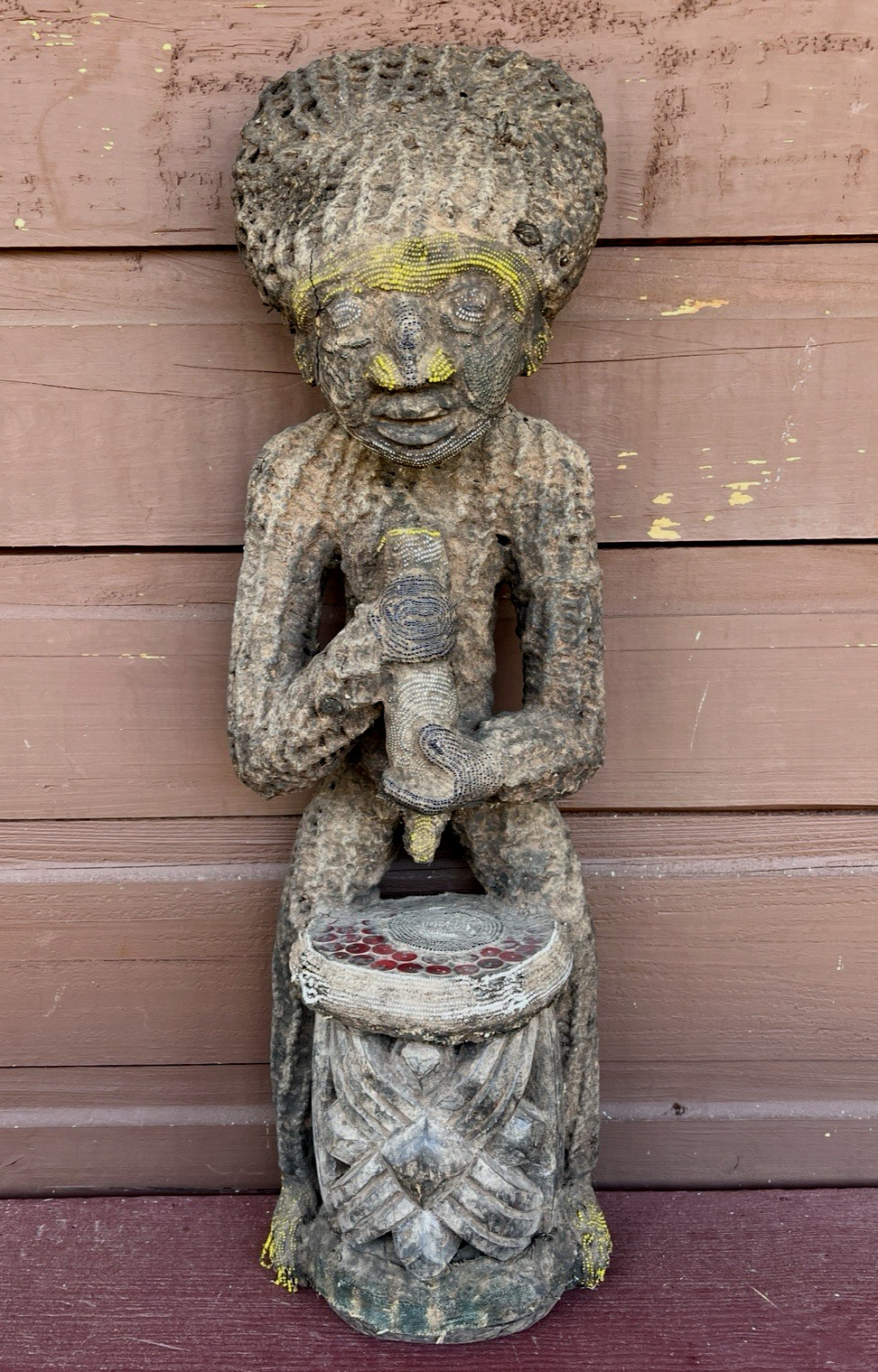 Vintage African Bamileke Sculpture Figure Beads Fiber Wood with Spider Stool 30"