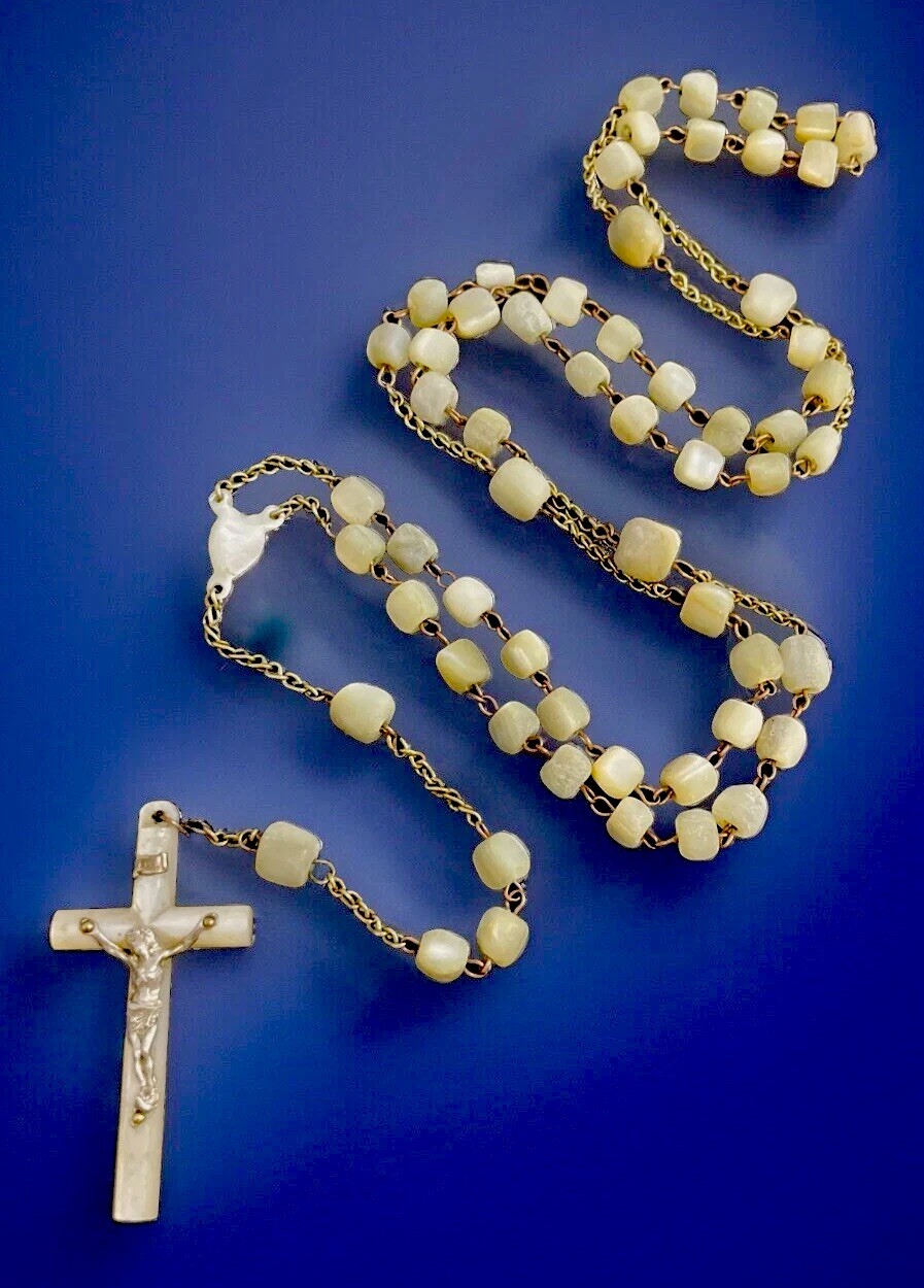 Vintage Catholic Genuine Mother Of Pearl MOP 24” Rosary MOP Crucifix