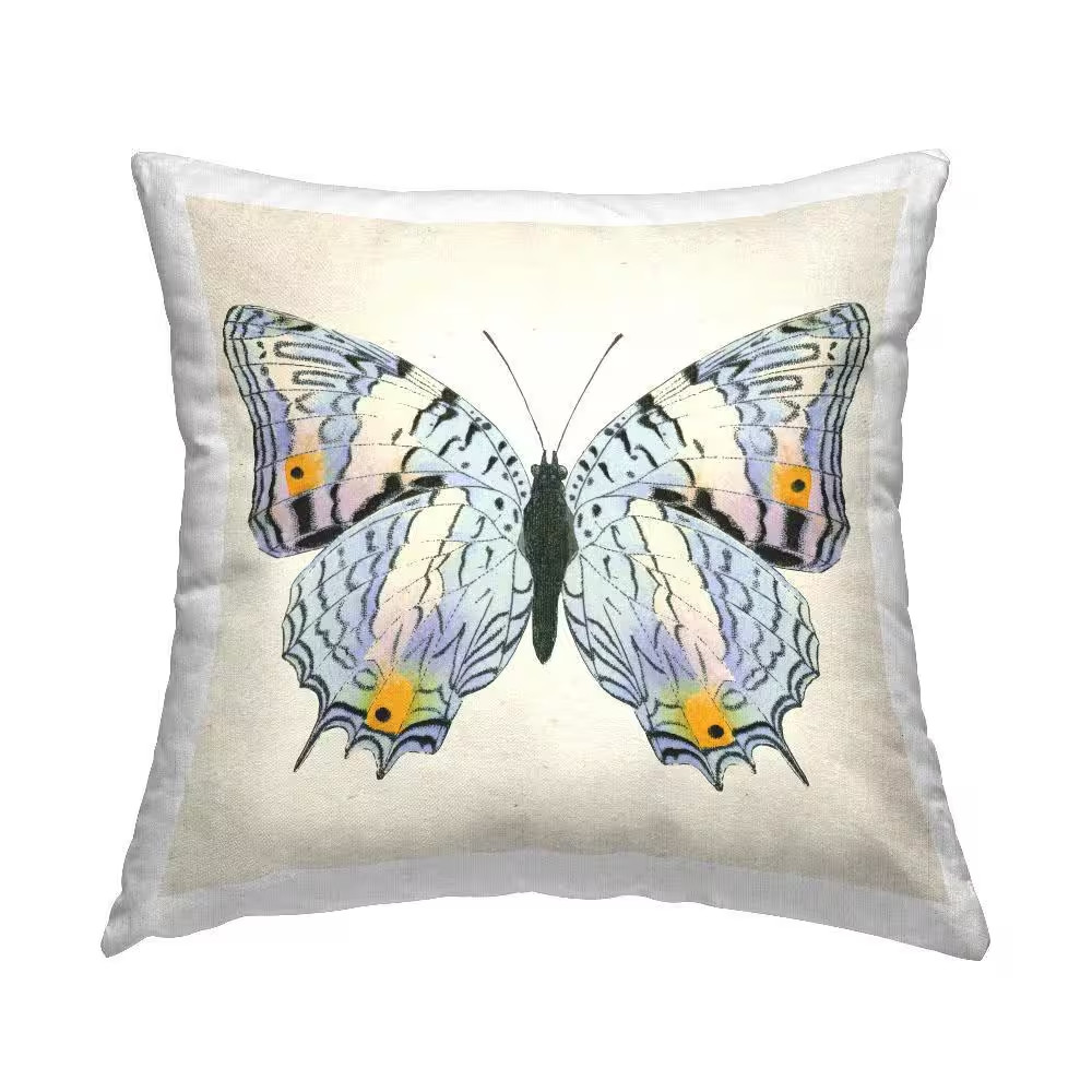 Butterfly with Yellow Details Blue Print Polyester 18 In. X 18 In. Throw Pillow