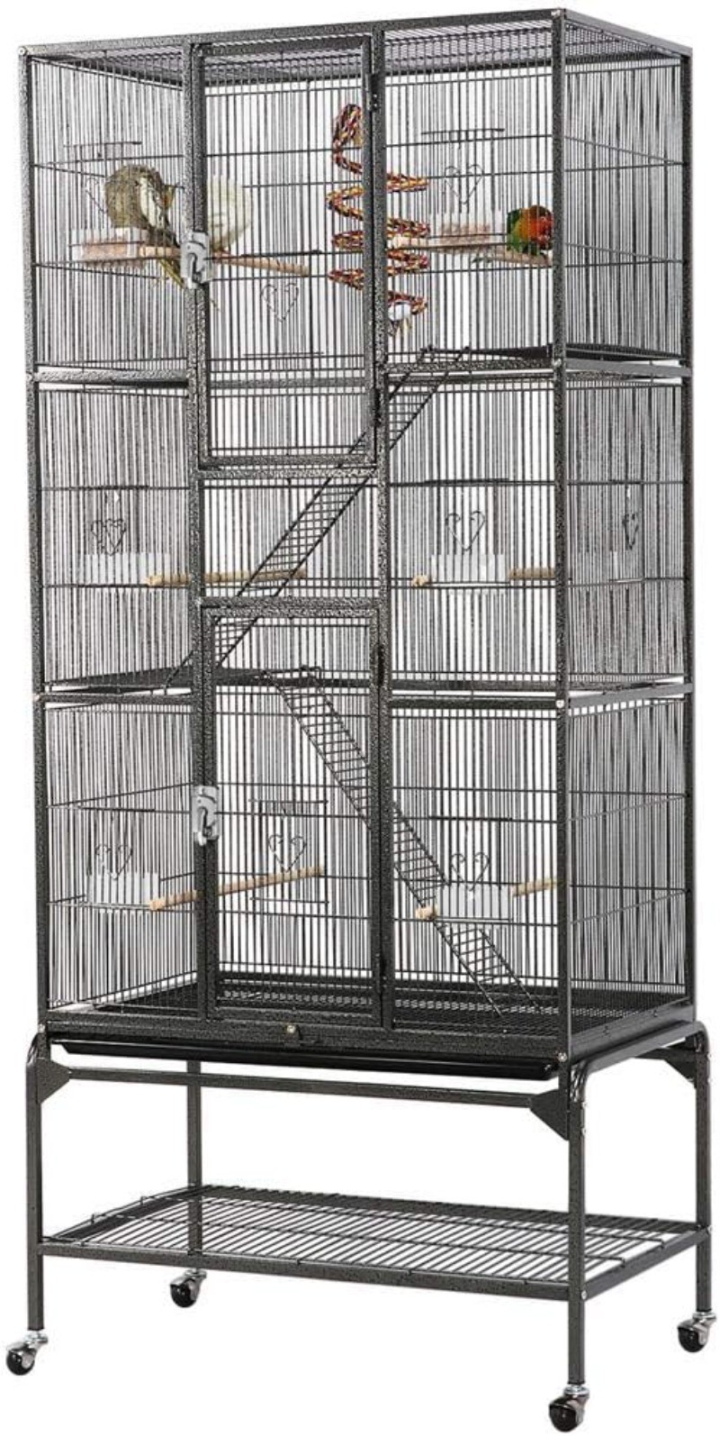 3 Level Wrought Iron Large Parrot Bird Cage for 3 Parakeets Detachable Stand