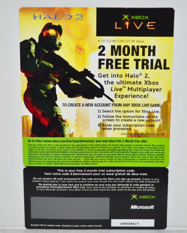 Halo 2 Original OG Microsoft Xbox Live 2 Month Free Trial Code Card Subscription