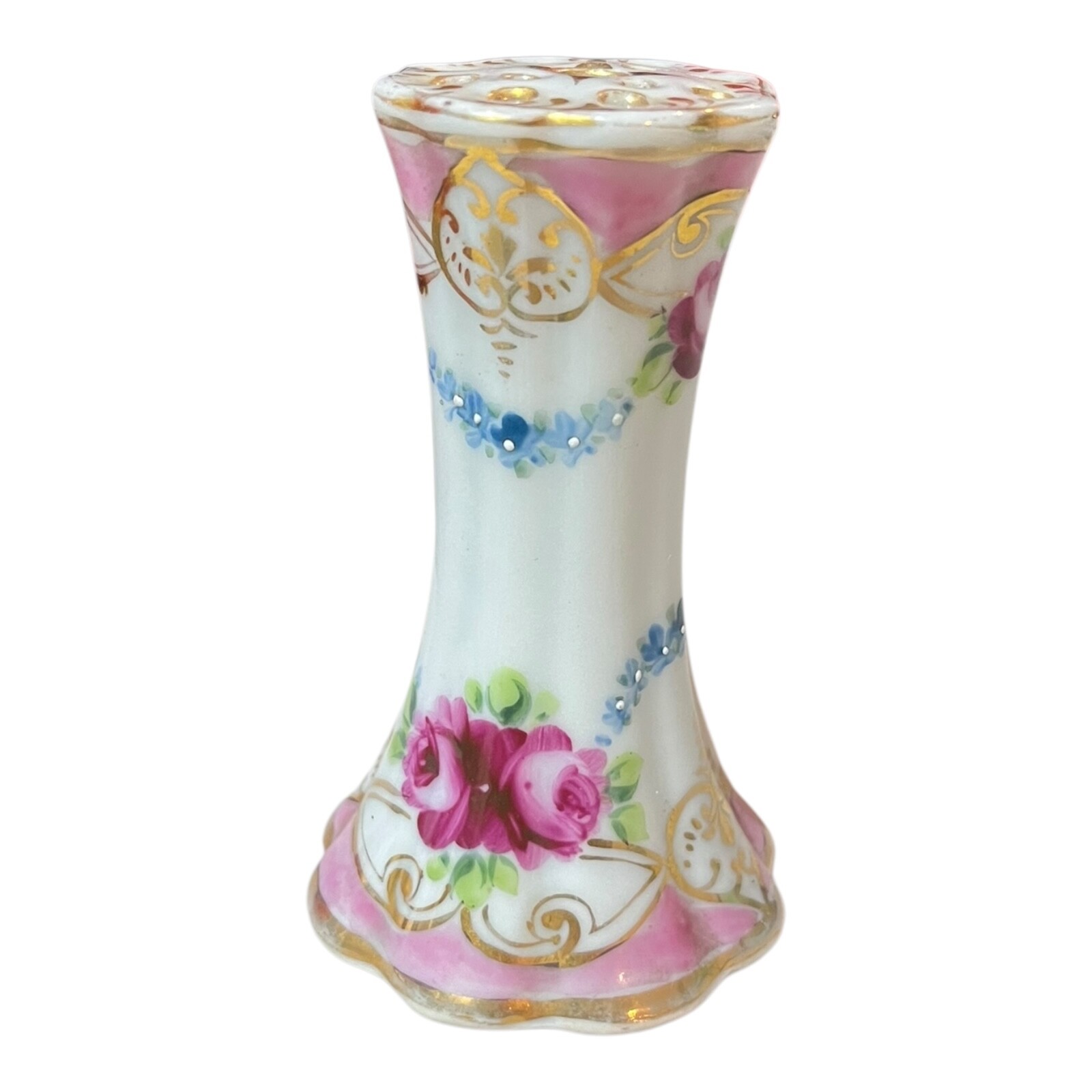 Vintage 12 Hole Ceramic Hatpin Holder Pink Blue Gold Details 3" Tall