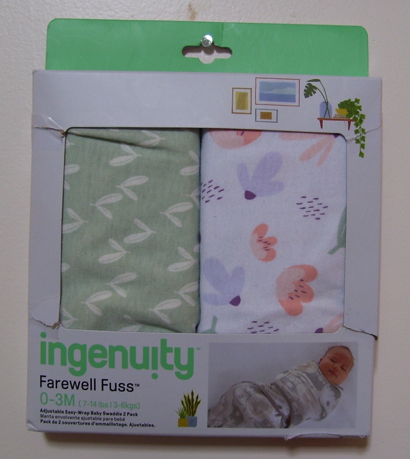 Ingenuity Farewell Fuss 2 Pk Adjustable Easy-Wrap Baby Swaddle Sack Bag 0-3M