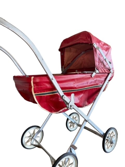 1940s- 50s Folding Doll Red Buggy With Collapsing Sun Shade