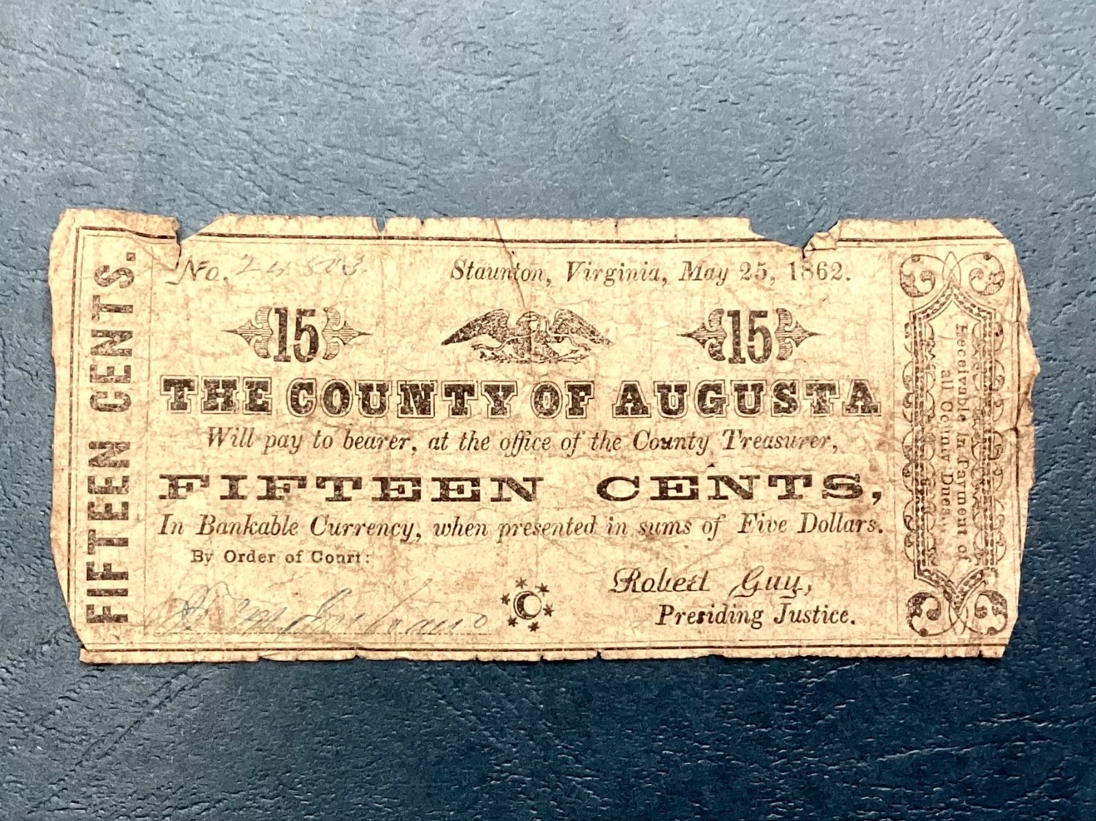 ~1862 15 Cents The County of Augusta - Virginia - Civil War Fractional Currency