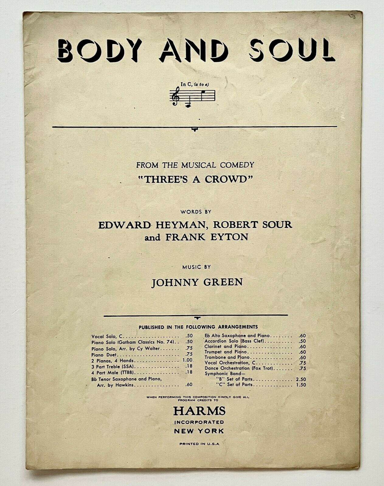 1930 Body And Soul Vintage Sheet Music Three's A Crowd Musical Sour Eyton Green