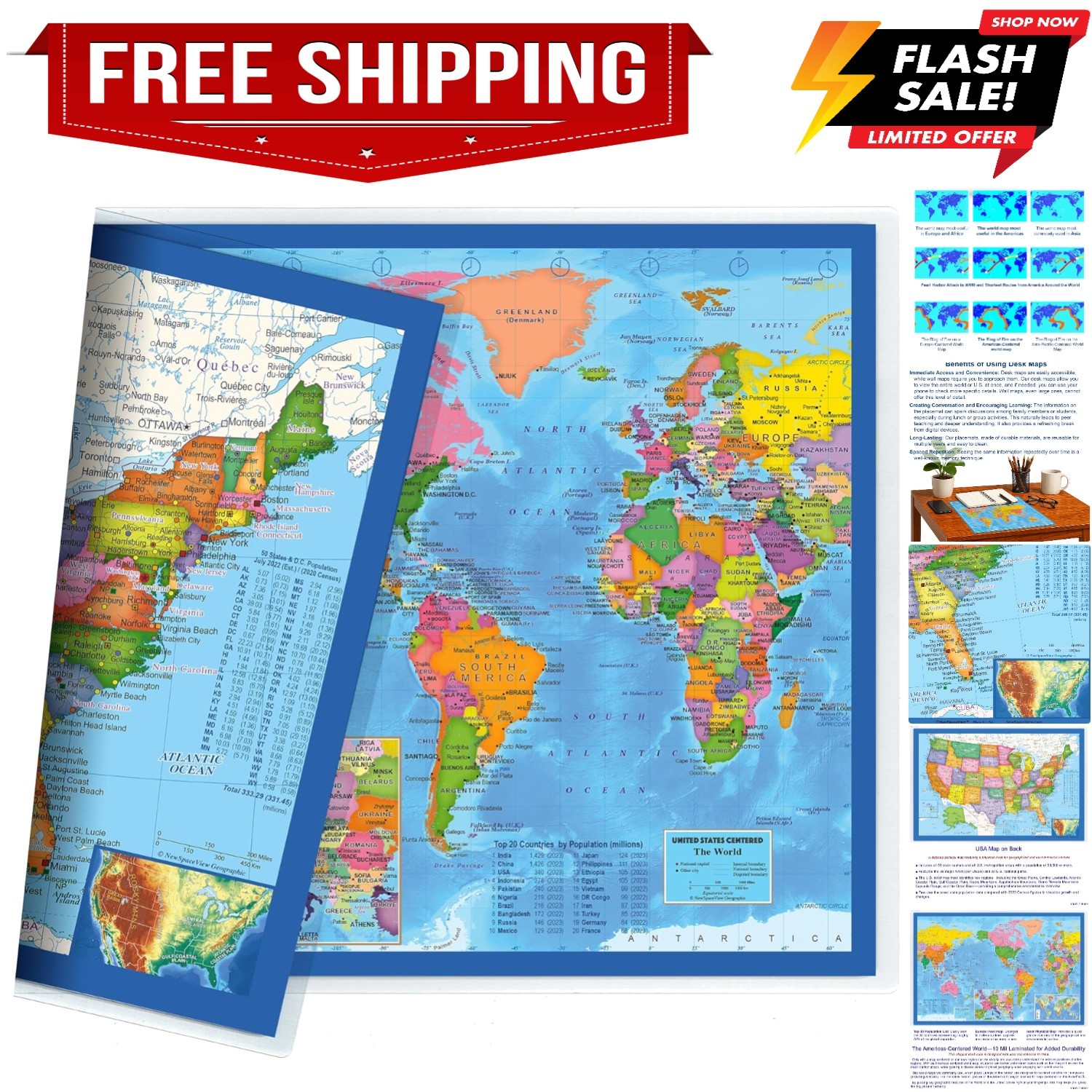 2-Sided Desk Map with Durable Lamination 1 Pack :  & US Centered World 17.5 x...