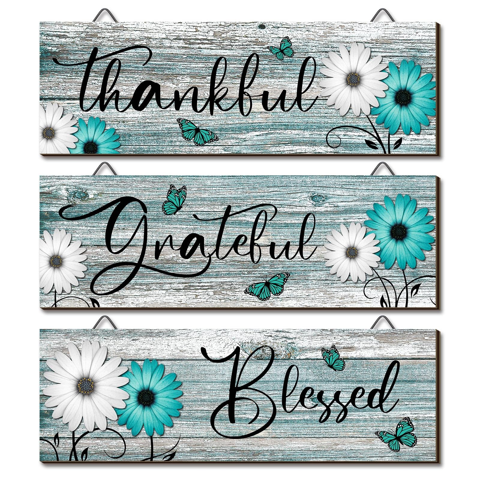 Geetery 3 Pcs Thankful Grateful Blessed Wooden Signs 11.8 x 3.9 inches, Teal 
