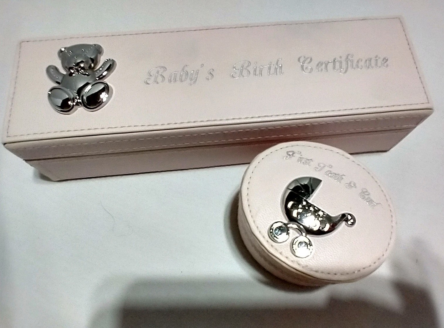 Newborn Baby Girl's First Keepsakes 2-Piece Pink Leather Boxes Collectible Set