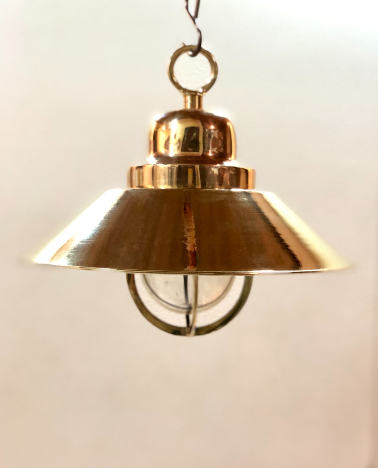 Original Vintage Brass Cargo Pendant Light – Nautical Hanging Ceiling with Shade