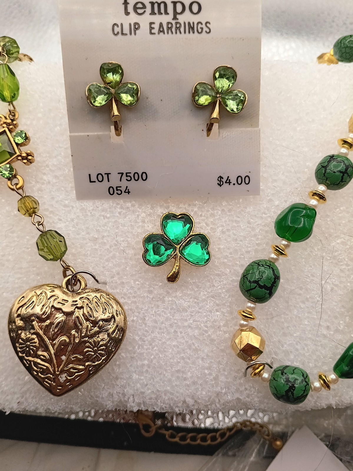 St Patrick's Wear Green Drop & Beaded Necklaces, Lucky Shamrock Earrings & Pin