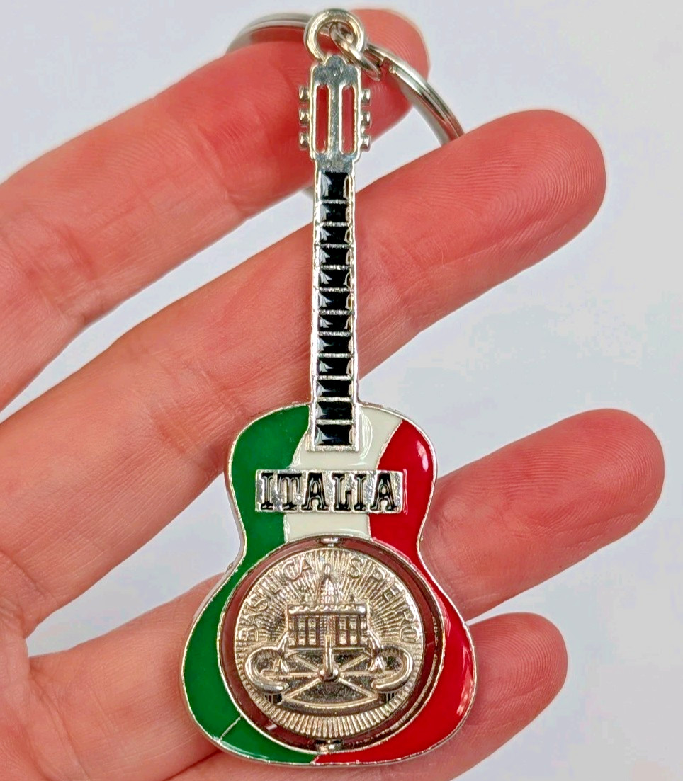 Vintage Silver Tone Italian Flag Enamel Guitar Basilica Italia Souvenir Keyring 