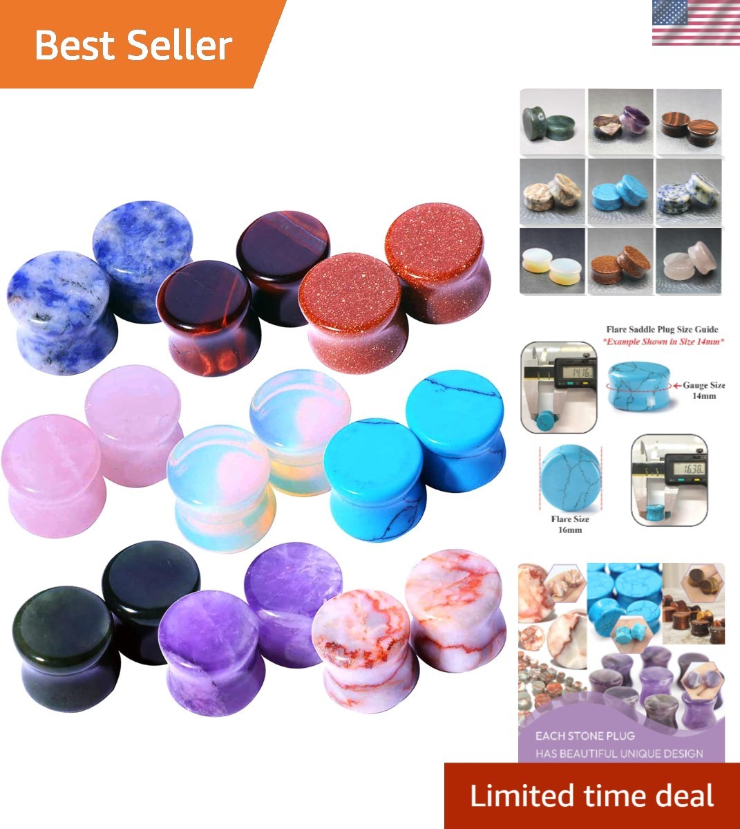 18PC Body Piercing Stone Plugs - Ear Stretching Kit - Beginners 8G-00G, Big G...