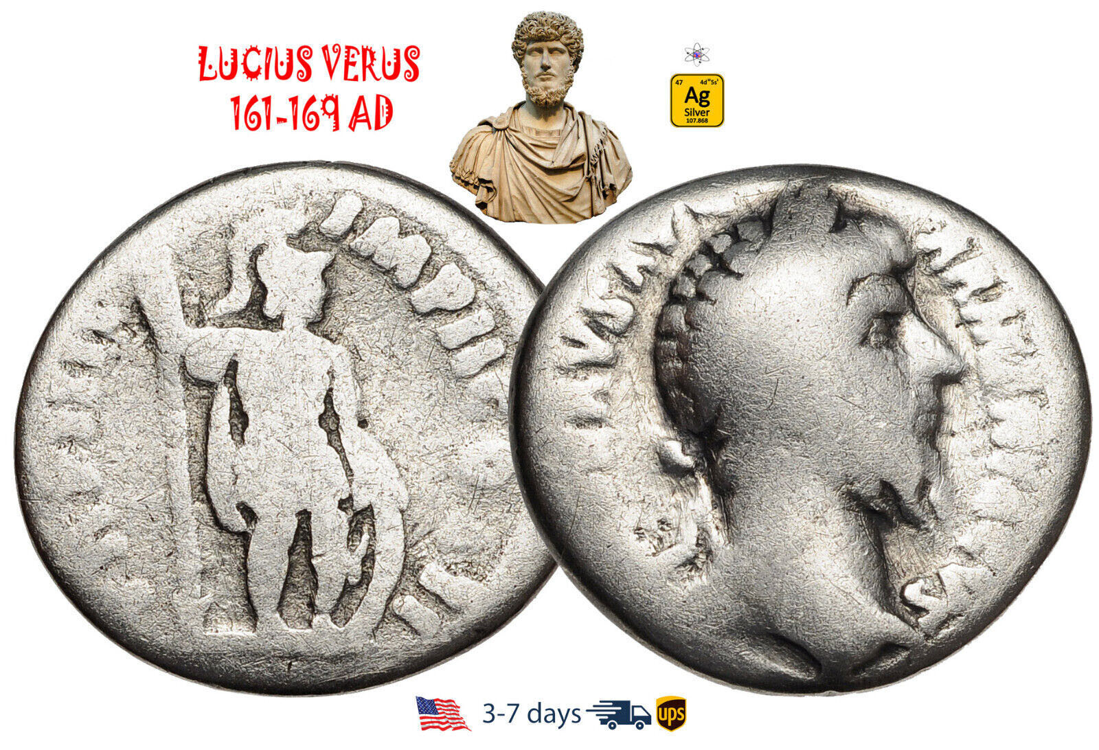Ancient Roman Empire Coin Silver Denarius LUCIUS VERUS 161-169 Authentic #30671