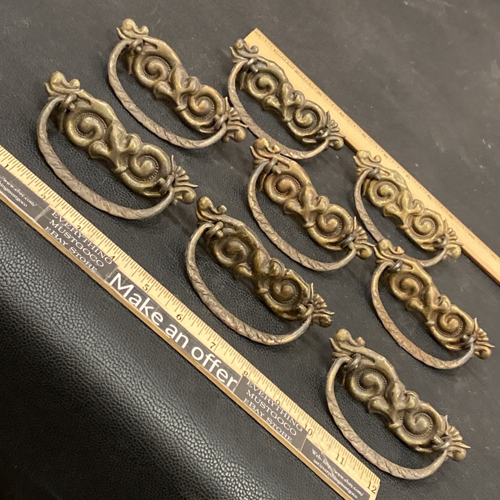 8 Antique Drop Bail Pulls Ornate Nouveau Scroll Fleur De Lis French Lily Flower