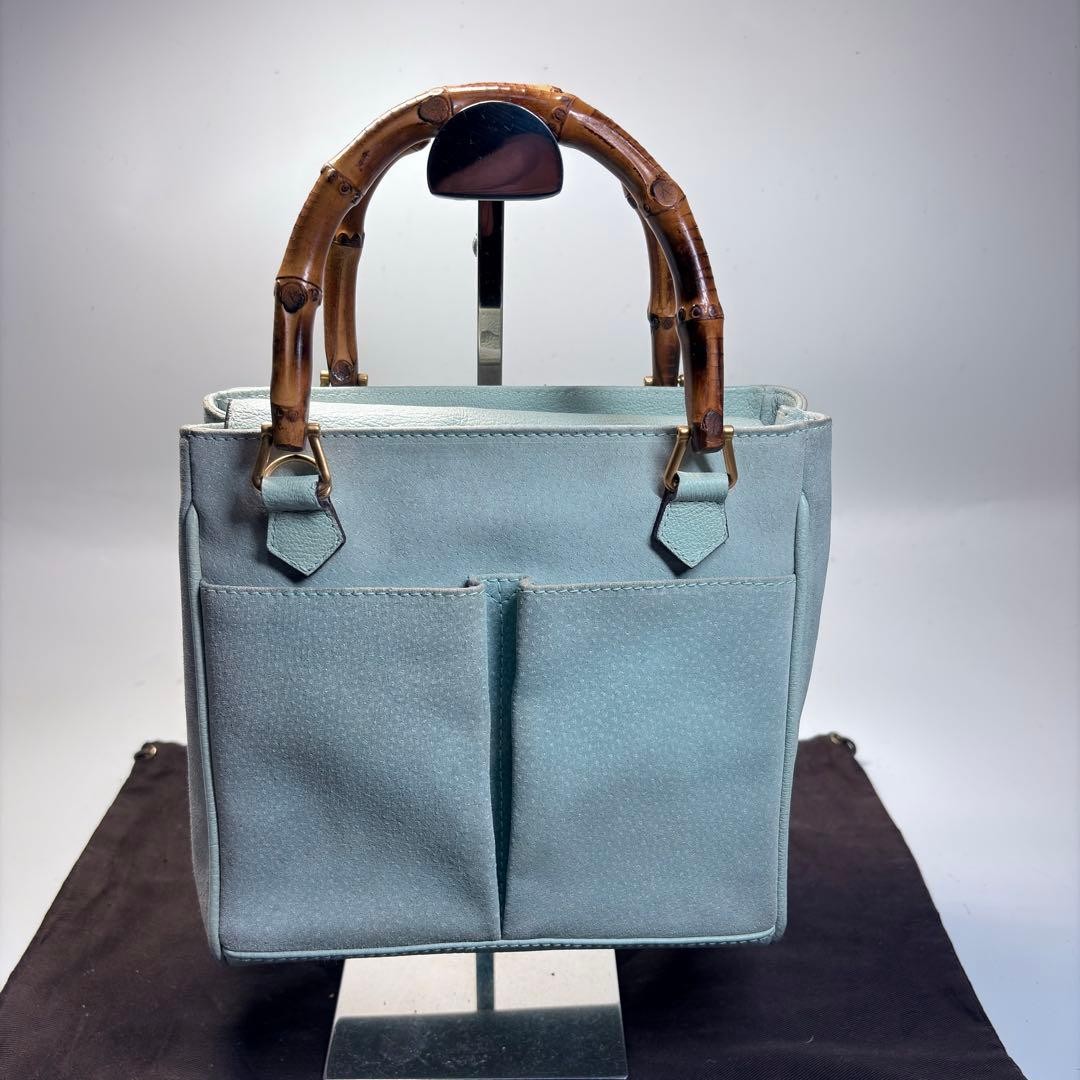 GUCCI Handbag Bamboo Gold Hardware Suede/Leather Light Blue From JP 140716K Auth