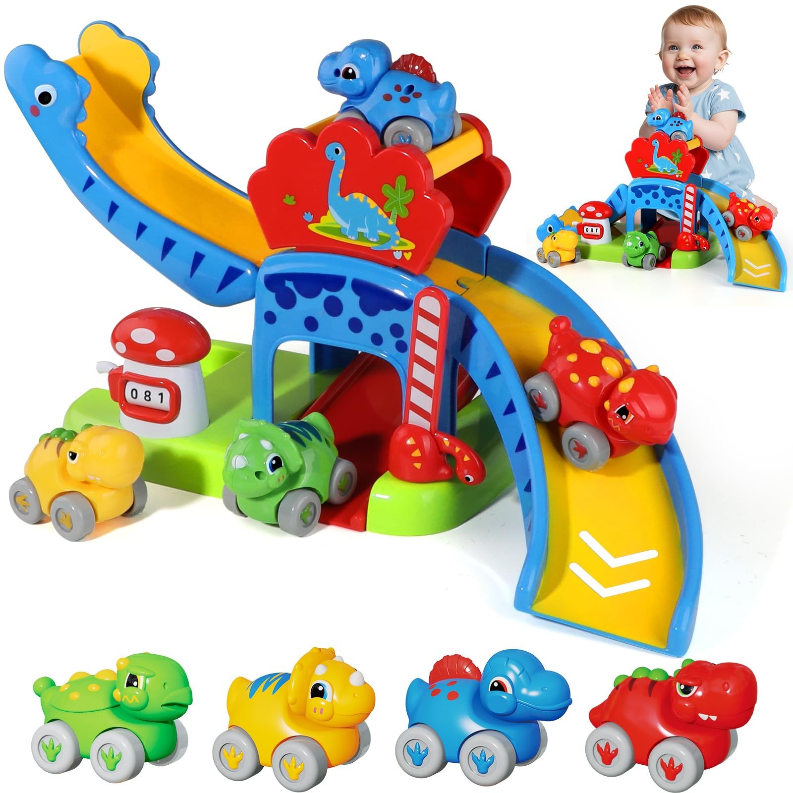 Baby Toys for 1 Year Old Boys & Girls Gift – Dino Slide Set with 4 Color & Nu...