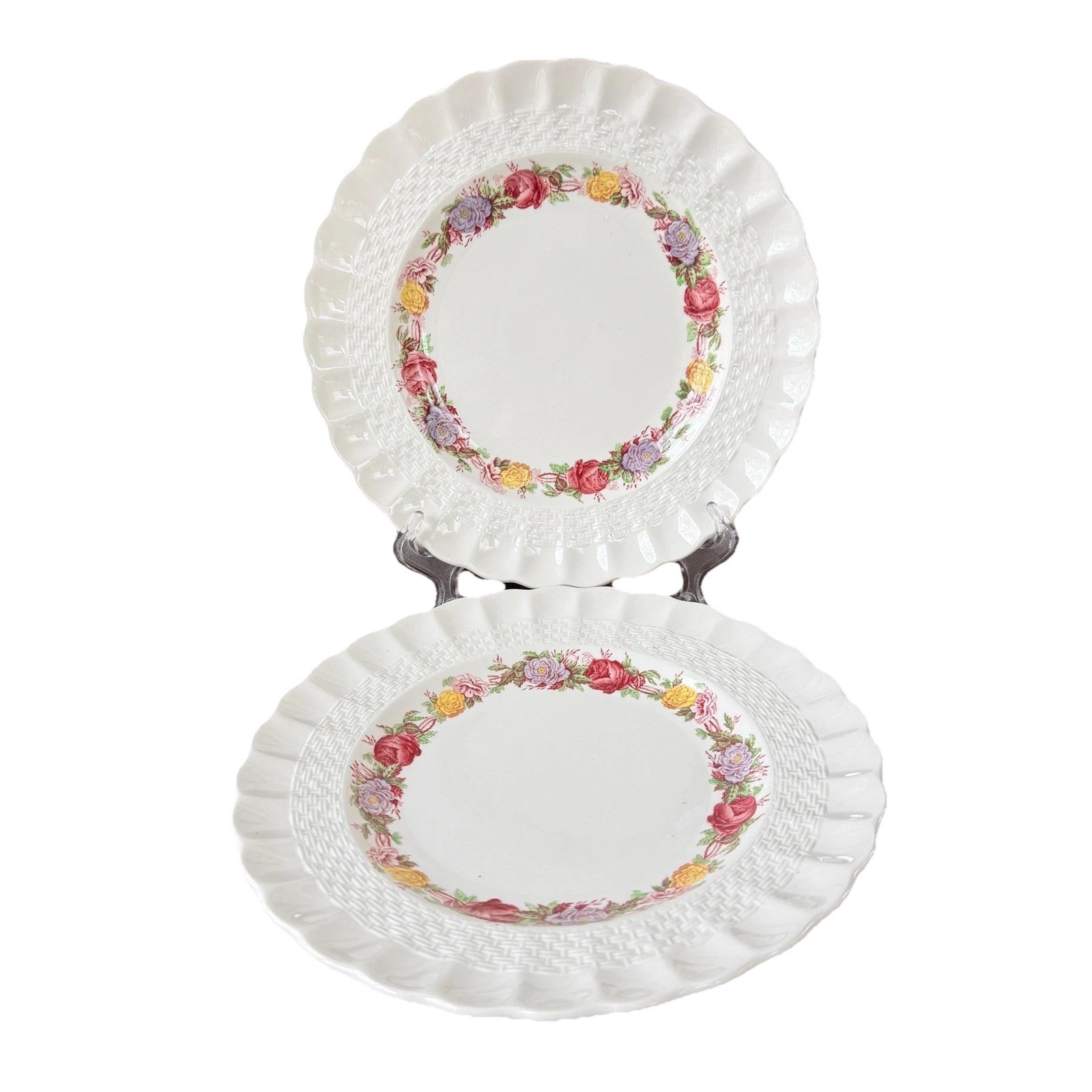 Copeland Spode Rose Briar Basket Weave Porcelain 8" Salad Plates Set Of 2
