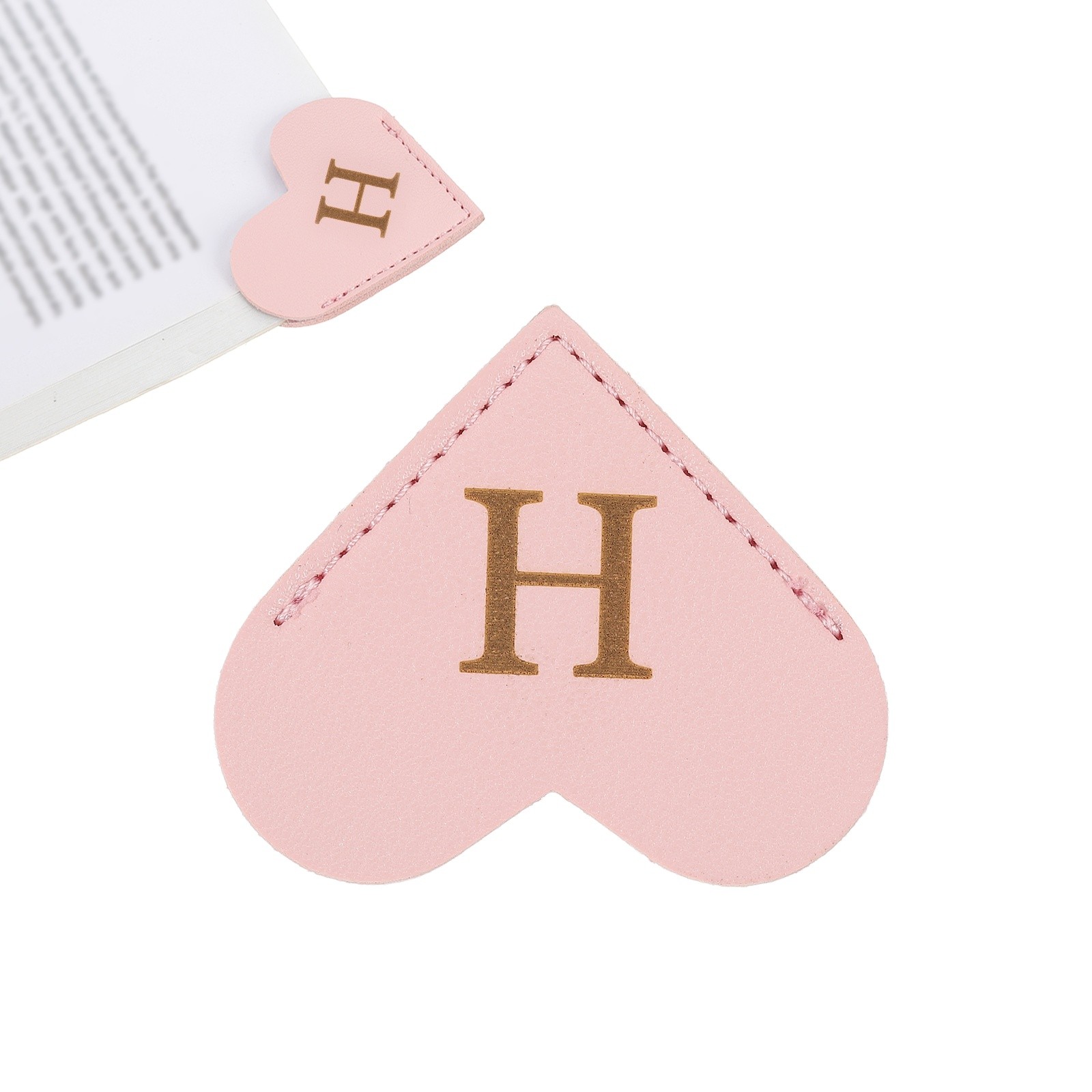 Initial H Corner Bookmarks,  Heart Shape Leather Book Marks Markers, Pink