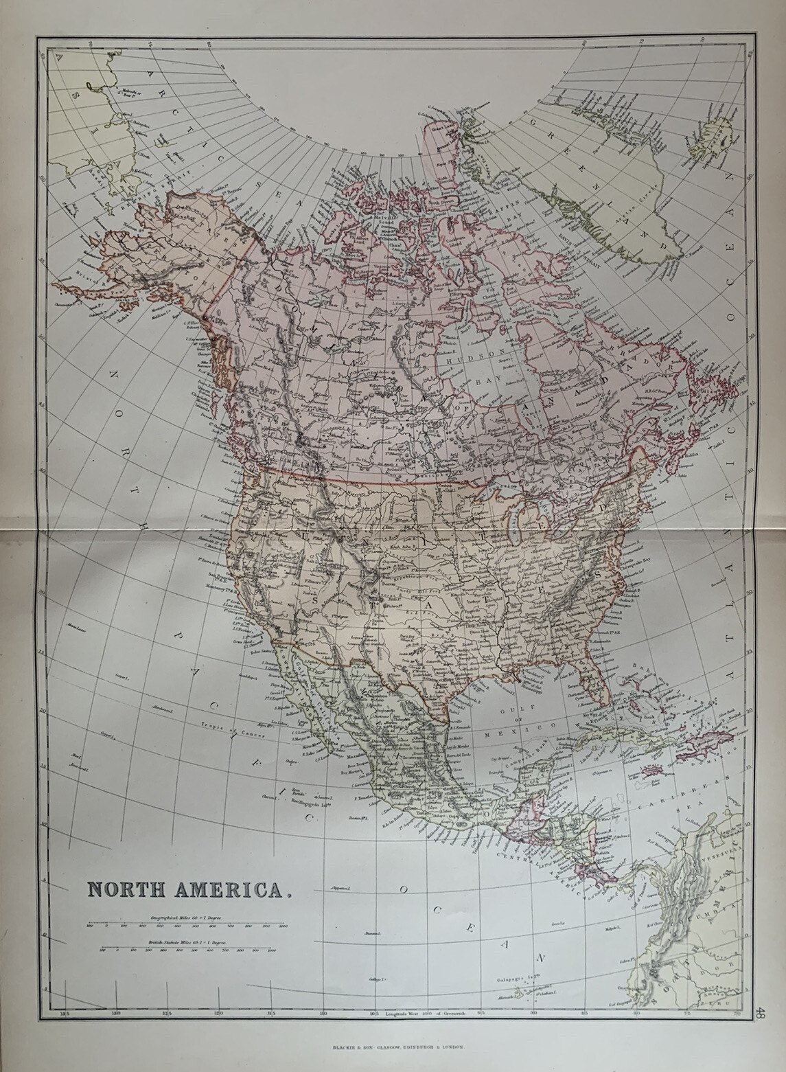 1882 North America Original Antique Colour Map by Edward Weller
