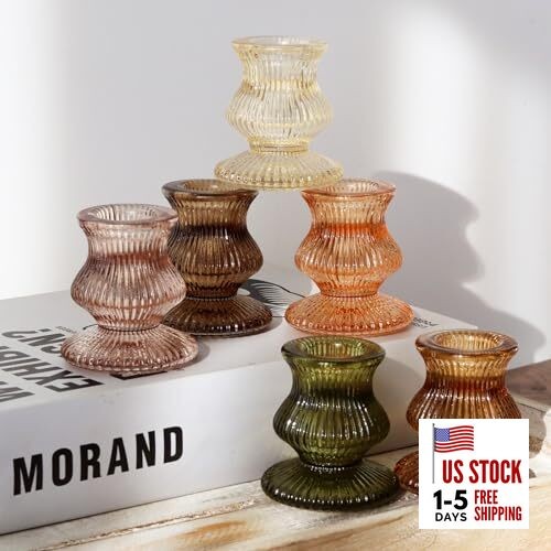  Glass Candlestick Holders 12PCS Taper Candle Holders for Table Brown & Amber