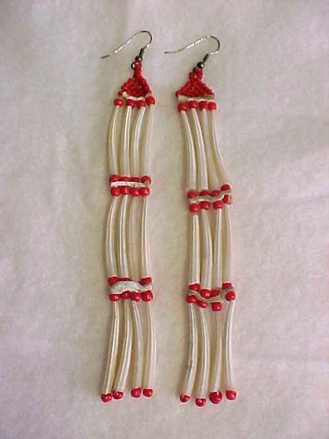 Vintage Older Northwestern Native American Dentalium Shell White Red Earrings 6"