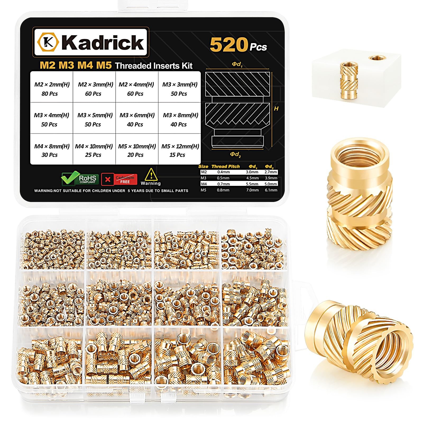 Kadrick 520Pcs M2 M3 M4 M5 Threaded Inserts Kit M2-M5 520Pcs, yellow 