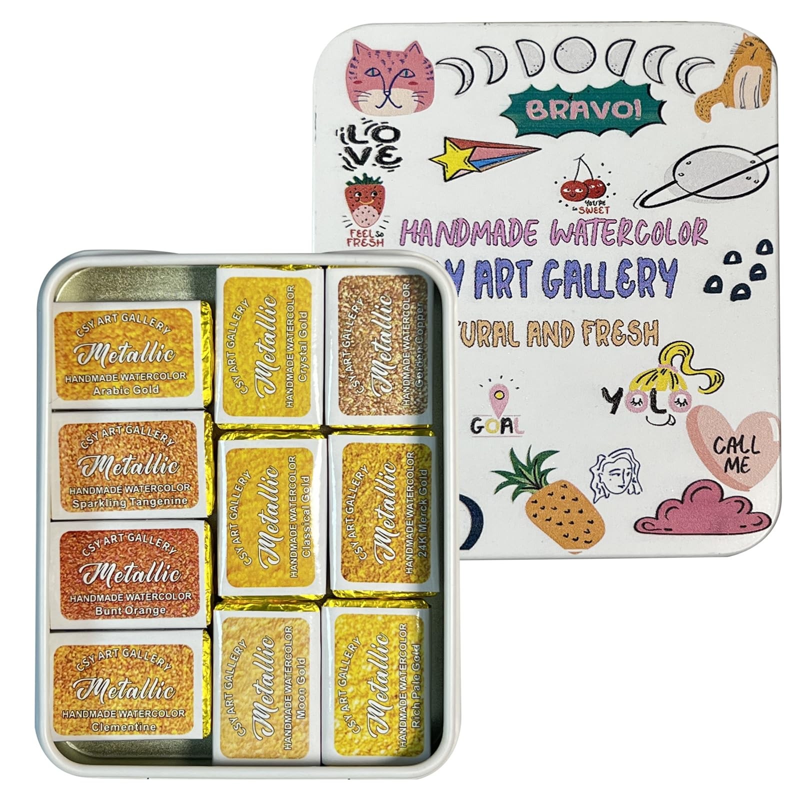 CSY Gold Handmade Mica Watercolor Paint Set - Metallic Full Pans in Tin Case