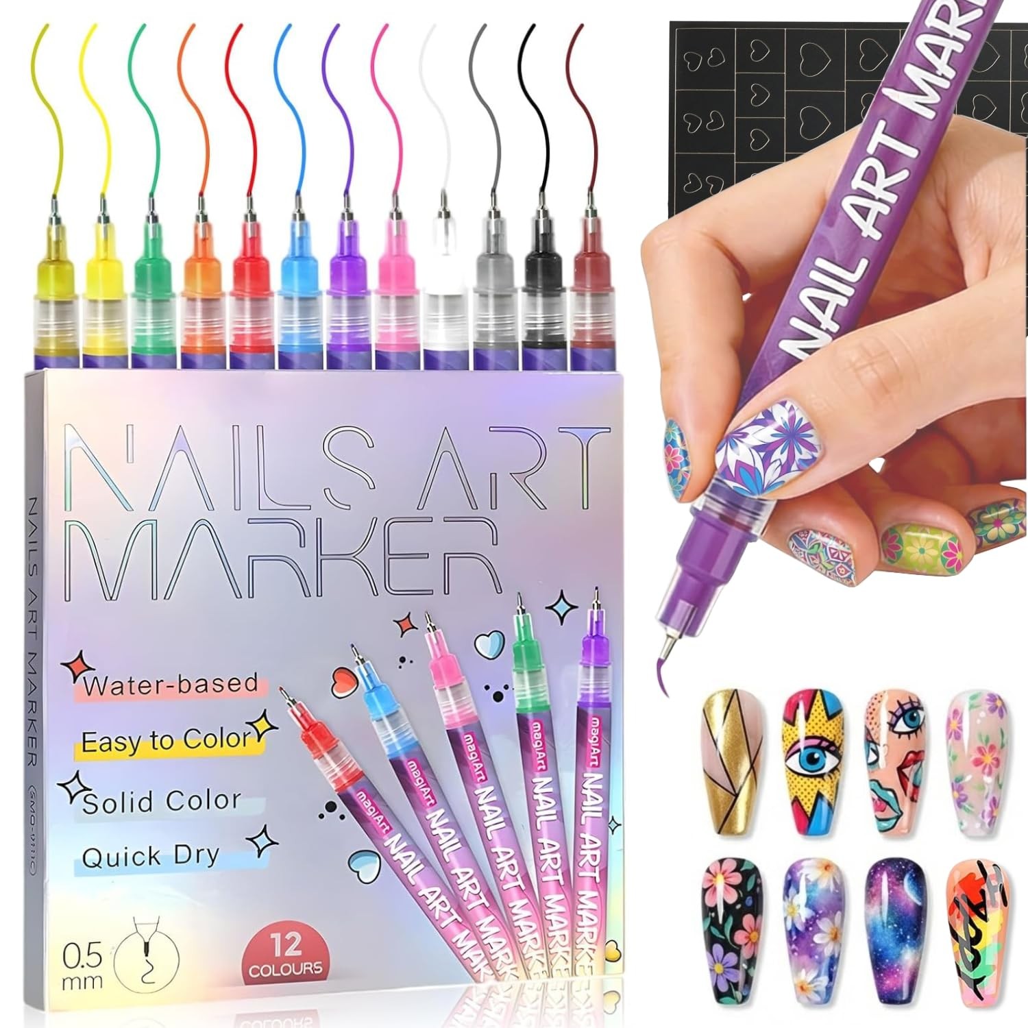 12 Colors Nail Art Pens & Acrylic Markers Set, 0.5mm UltraFine Tip for MicroD...