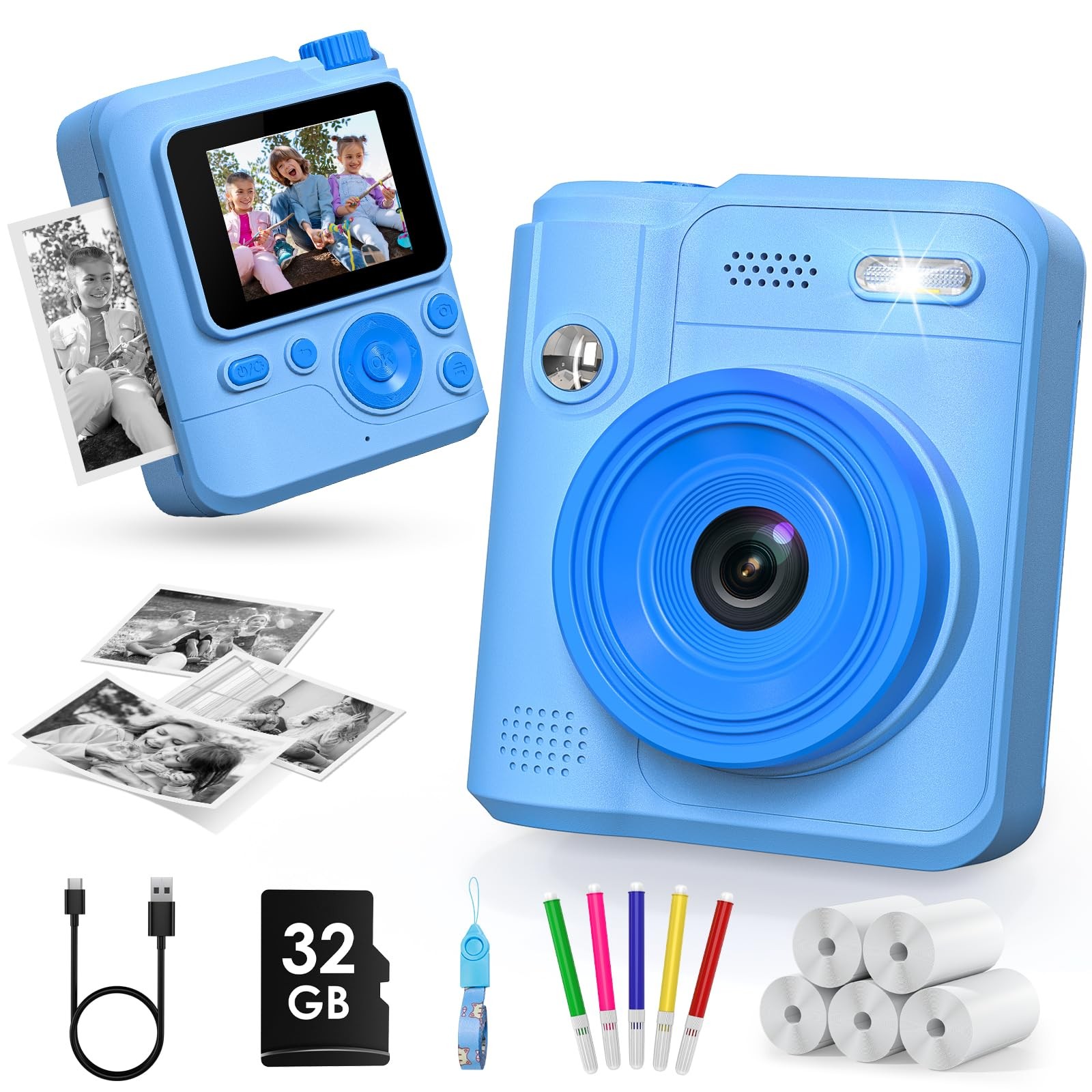 Kids Camera Instant Print, 1080P Digital Camera for Kids with 32GB Card