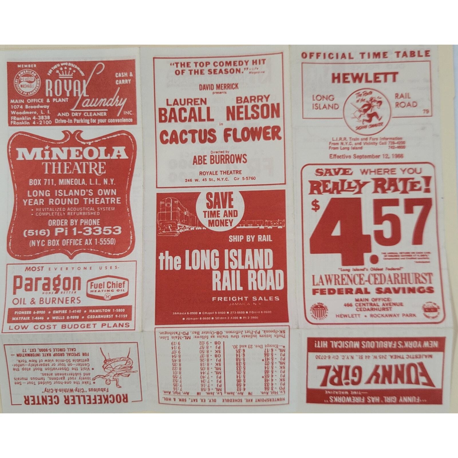Hewlett Long Island Rail Road Official Train Time Table. 1966.