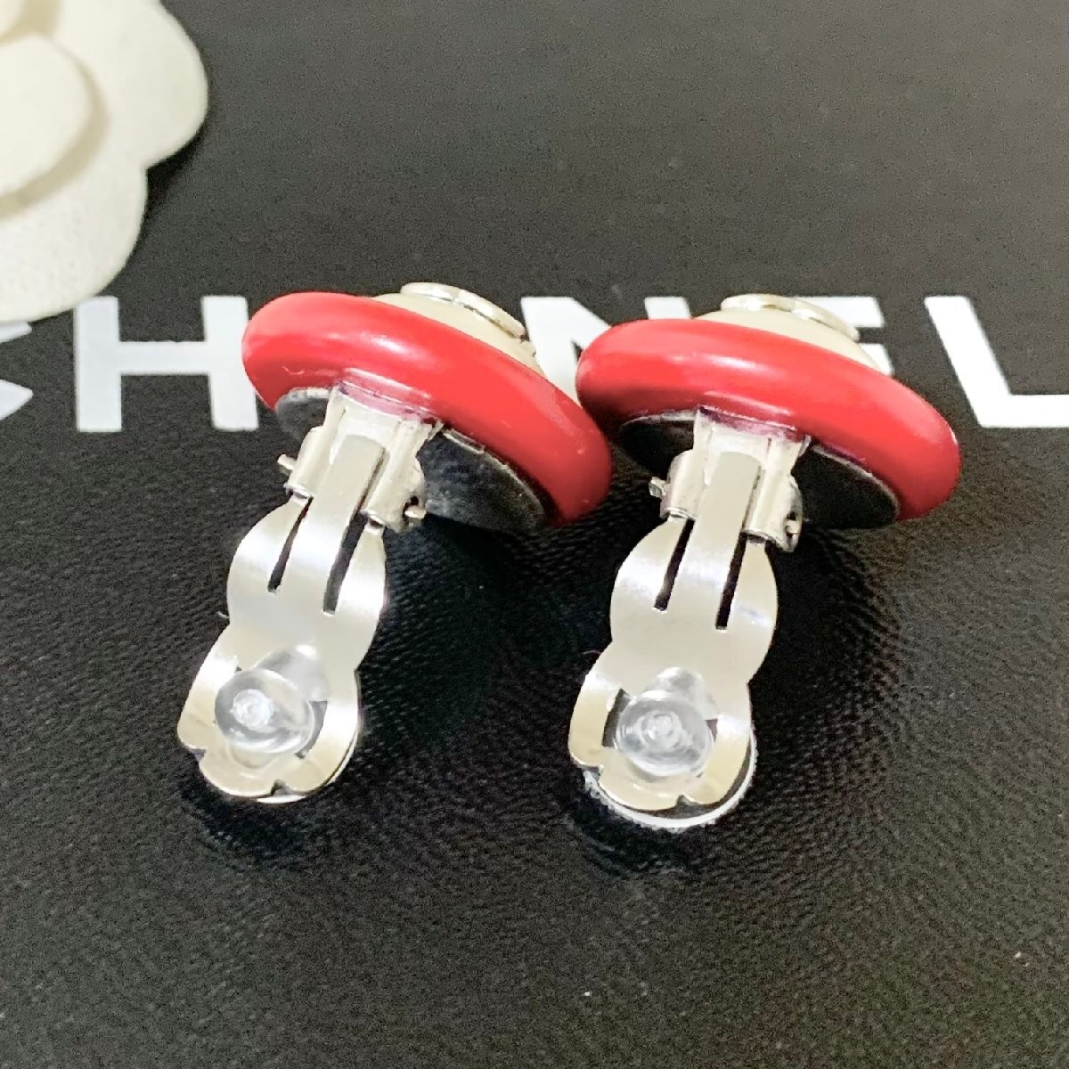 CHANEL Earrings Coco Mark Pearl Red Black Logo Silver Round Women's Accessories