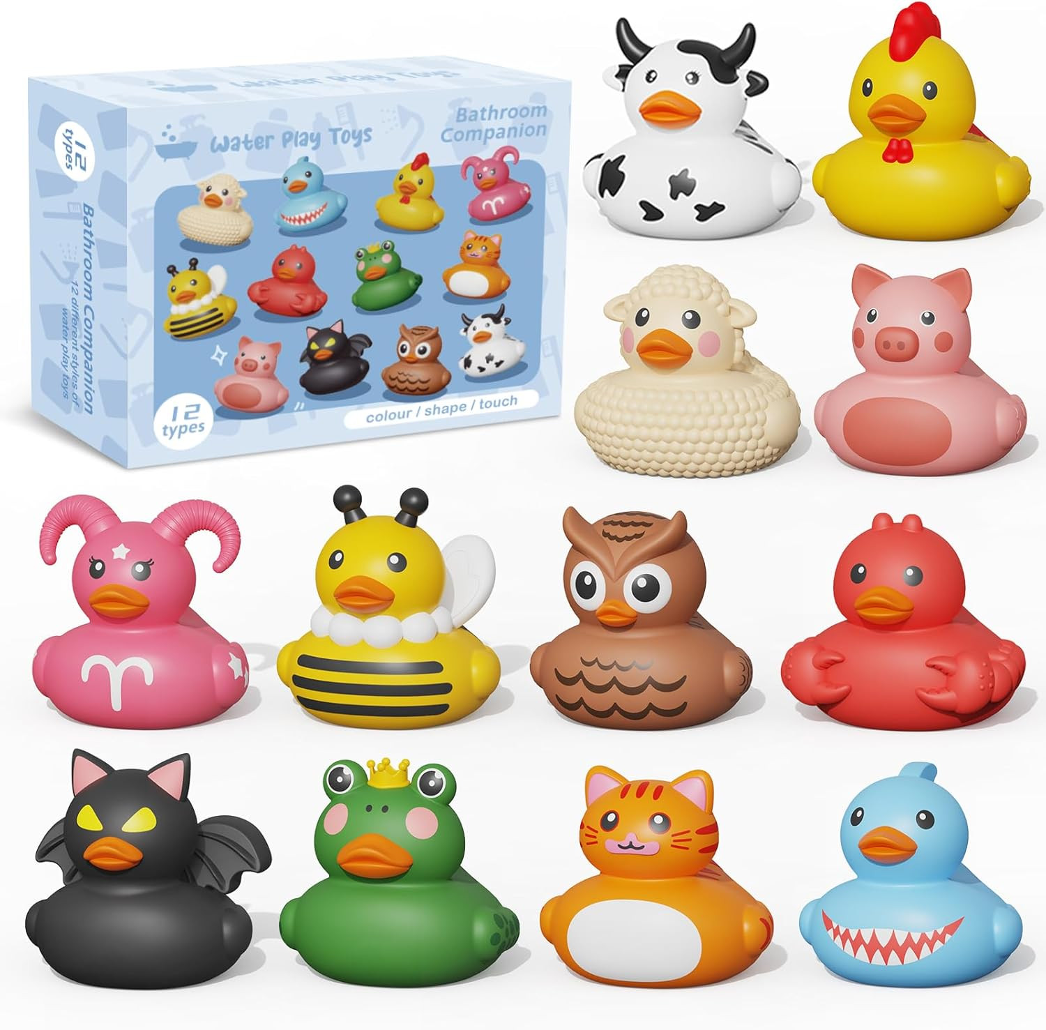 12PCS Rubber Ducks,Toddler Bath Toys,No Hole Bathtub Toys,Baby Pool Toys for 18 