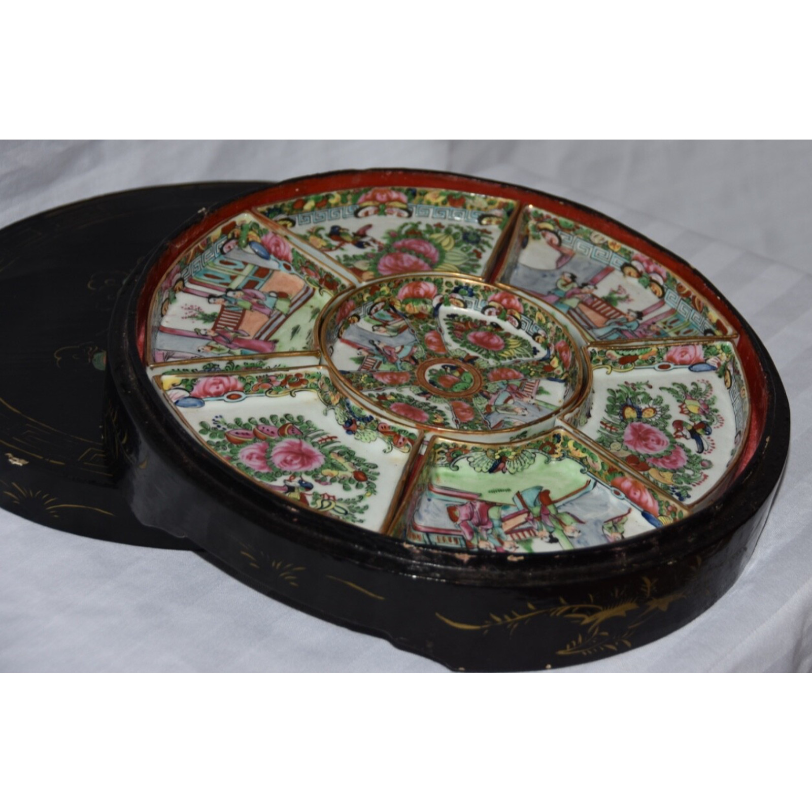 19thC Famille Rose Medallion Sweetmeat Condiment (8pc) Lazy Susan Lacquer Box