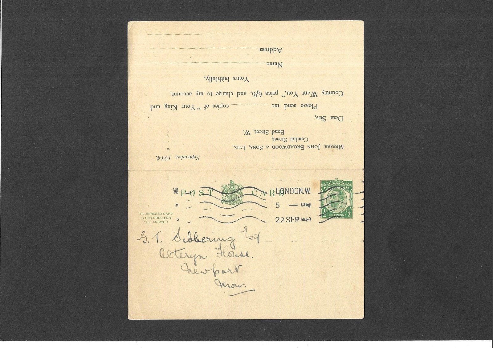 GB Stationery KGV 1/2d + 1/2d Reply Postcard size f LONDON to Newport H&B CP64