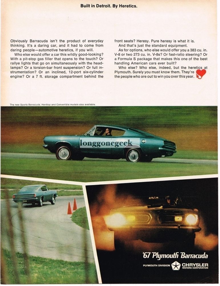 1967 Plymouth Barracudal Automobile Car VINTAGE Print Ad