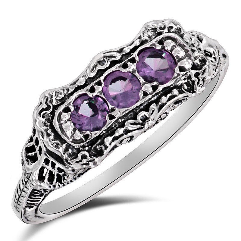 Natural Amethyst 925 Solid Sterling Silver Filigree Ring Jewelry Sz 6 XB3-7