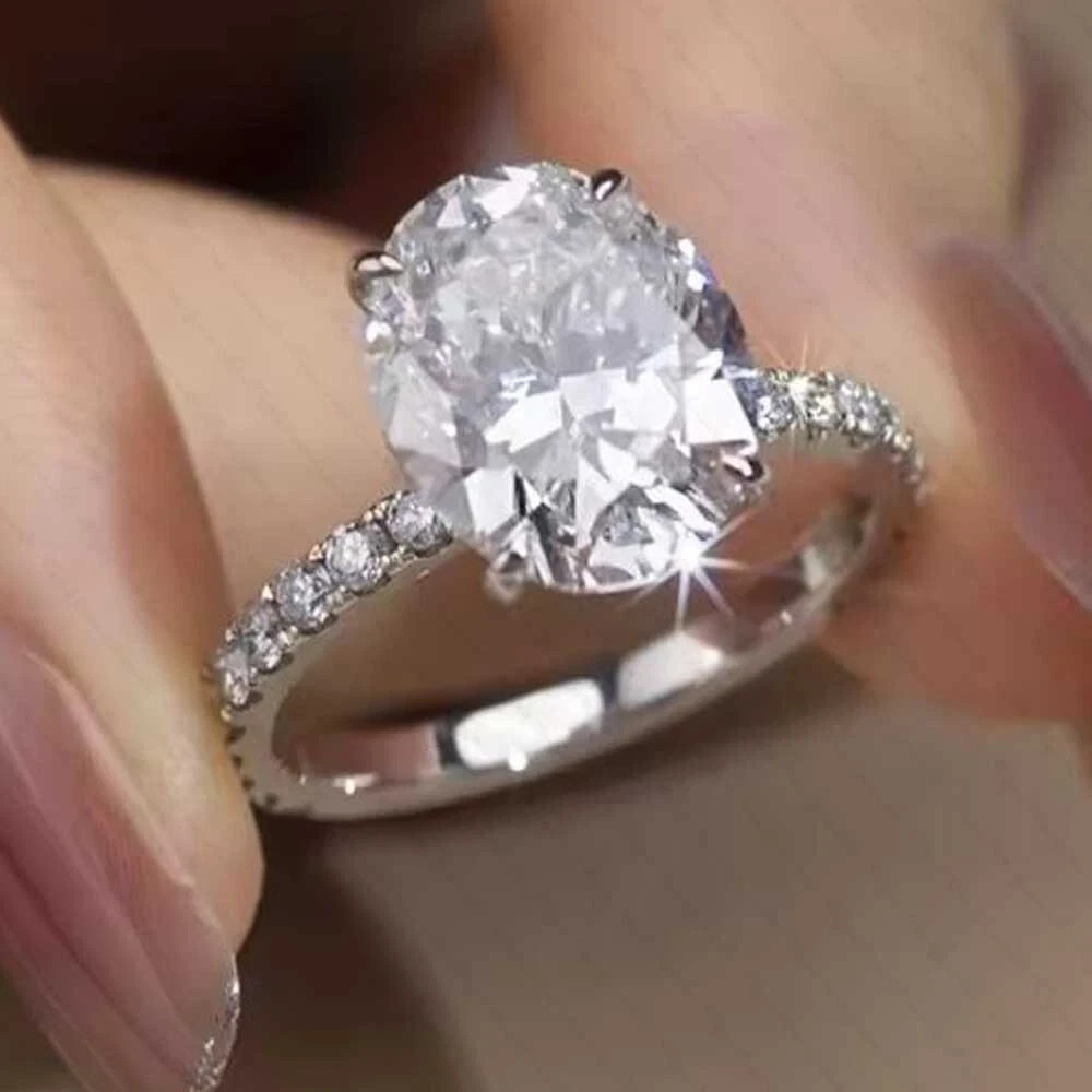 3 Ct D/VVS Oval Cut Moissanite Pave Setting Engagement Ring Solid 14K White Gold