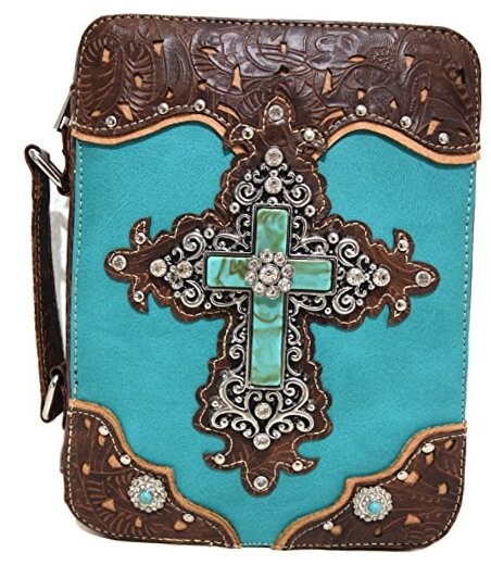 Western Style Embroidered Verse Scripture Bible Cover Book Bibles Cross Turq