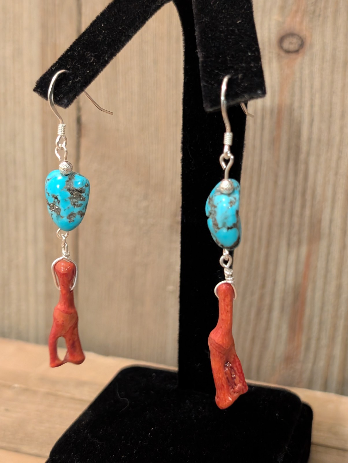 Coral Branch & Kingman Turquoise Navajo Dangle Earrings