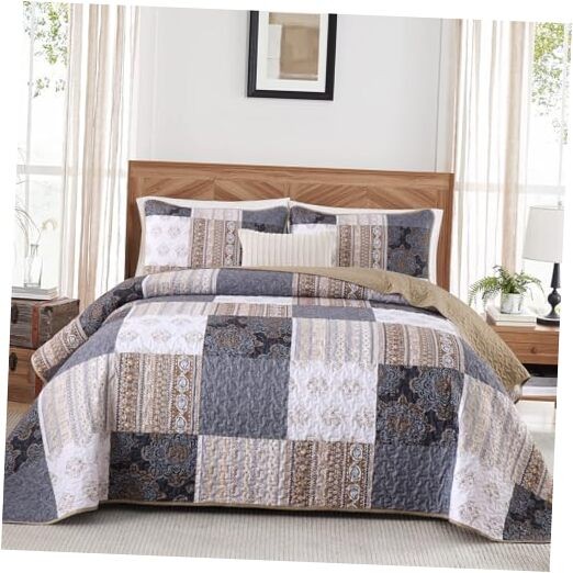  Patchwork Quilt Set King Size,3 Pieces Grey Boho Bedspread King 90“×104” Brown