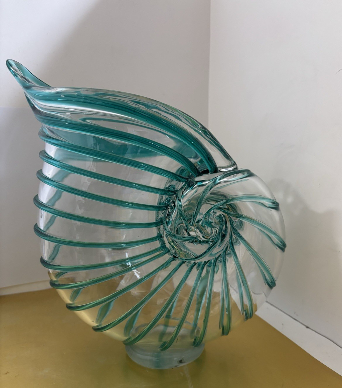 Hand Blown Nautilus Shell Vase by HQT Aqua Clear Glass Decorative Art Piece