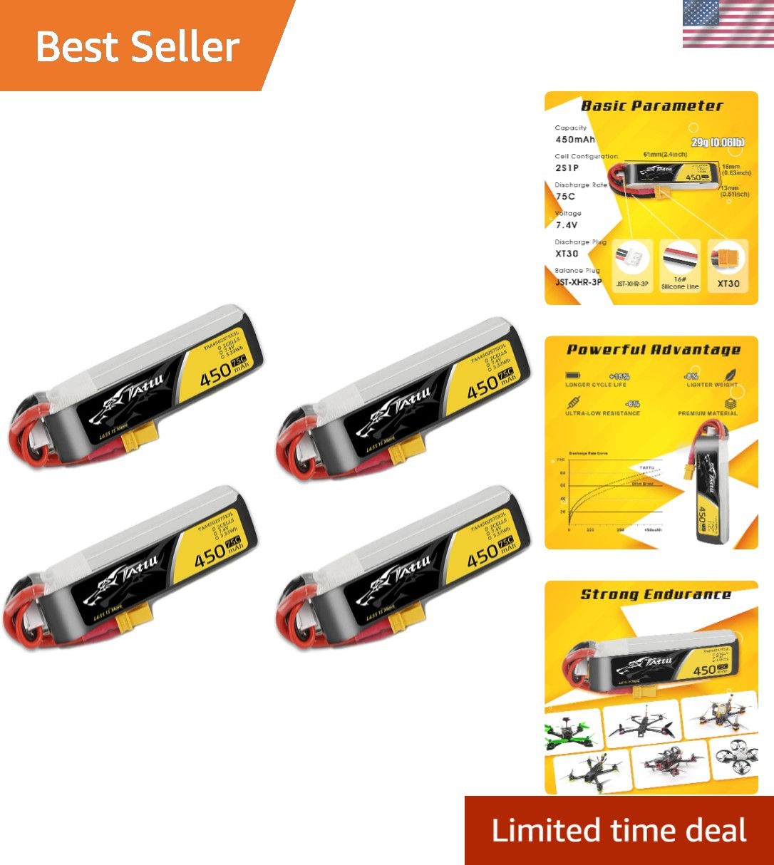 4 Packs 450mAh 7.4V 75C 2S LiPo Battery Pack with XT30 Plug - Long Size for H...