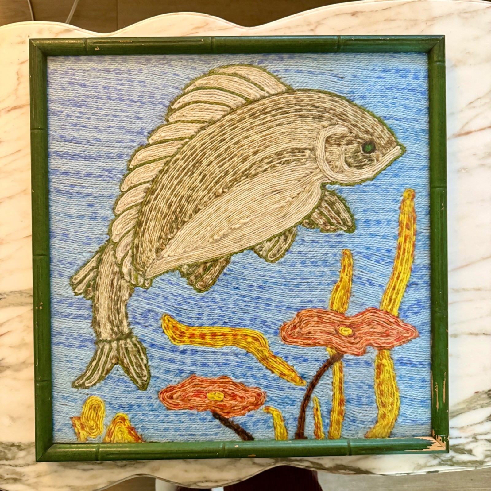 Vintage 70s MCM Fish String Yarn Art Nautical Tiki Coastal Wall Decor Bamboo