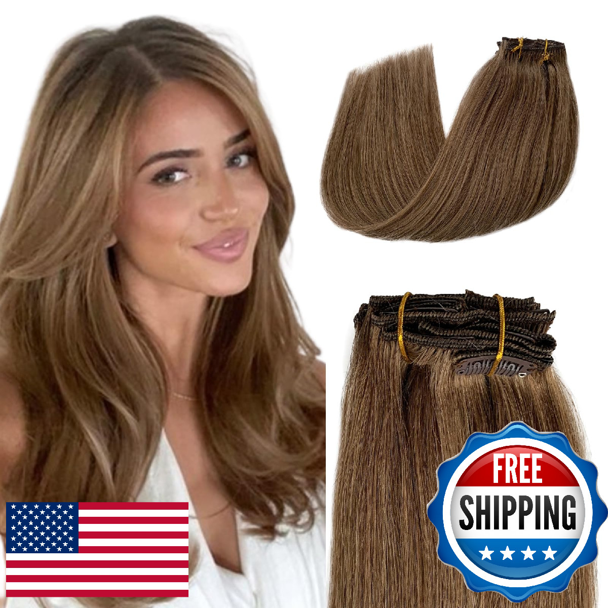Ash Brown Clip in Hair Extensions Seamless Natural Straight Clip on Hair Extensi