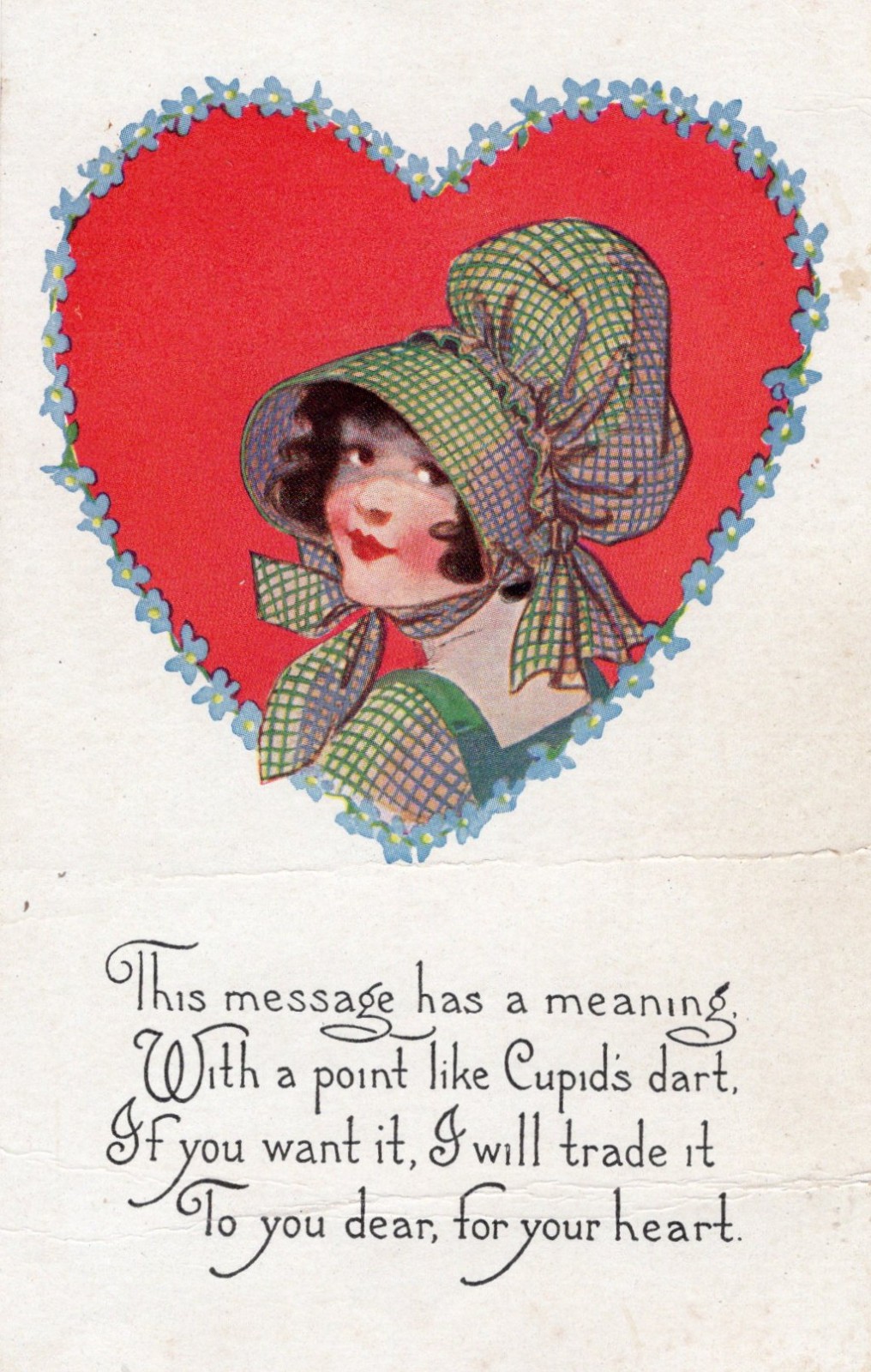 Vintage Valentine Postcard Cupid Verse Heart Edwardian Girl c1900s Big Hat USA